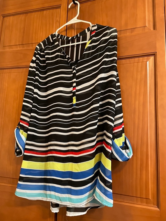 a.n.a Tops - A.N.A a new approach Womens Black Striped Pullover Tunic with Multicolor Accent